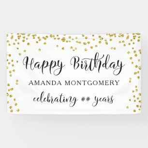 Any Year Birthday Confetti Script Black and Gold Banner
