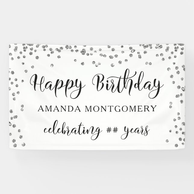 Any Year Birthday Confetti Script Black and Silver Banner (Horizontal)