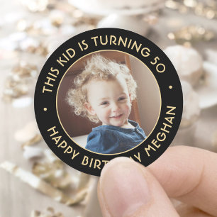 Any Year Birthday Photo Elegant Black & Gold 50th Classic Round Sticker