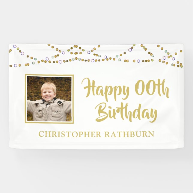 Any Year Birthday Photo Gold String Lights Banner (Horizontal)