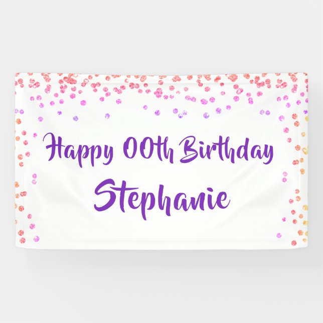 Any Year Birthday Pink Purple Confetti Script Banner (Horizontal)