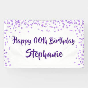 Any Year Birthday Purple Confetti Brush Script Banner
