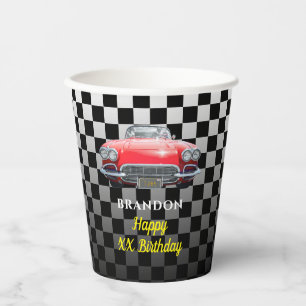 Any Year Birthday, Red Sport's Car, Name & Age B/W Paper Cups