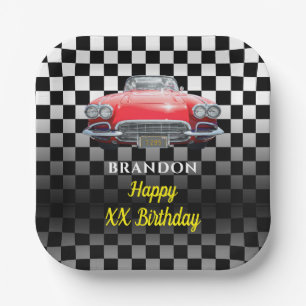 Any Year Birthday, Red Sport's Car, Name & Age B/W Paper Plate