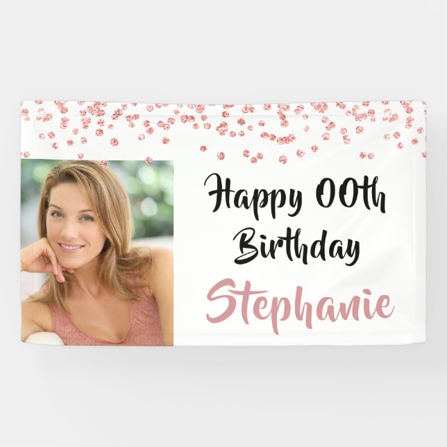 Any Year Birthday Rose Gold Confetti Script Photo Banner (Horizontal)