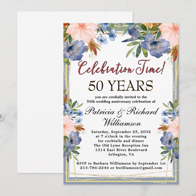 Any Year Chic Floral Custom Wedding Anniversary Invitation (Front/Back)