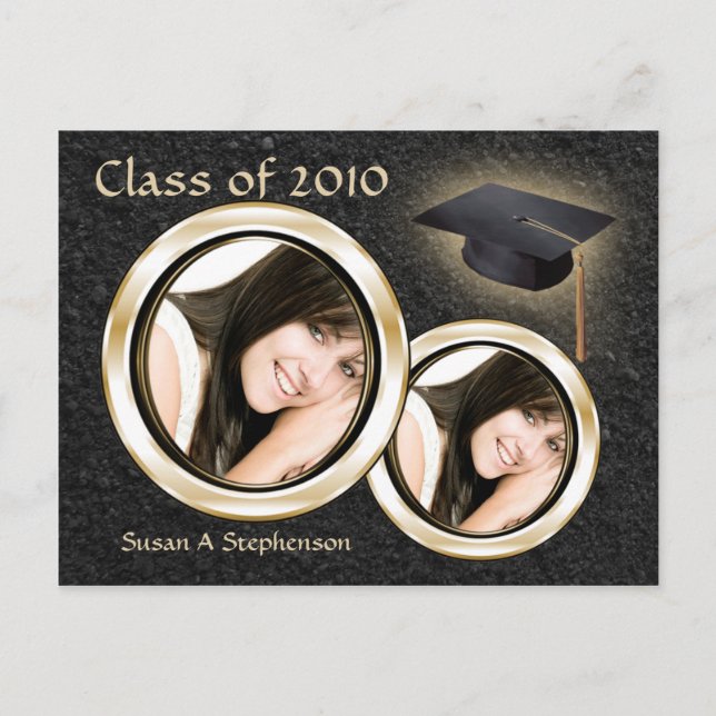 Any Year~ Graduation Postcard, Black/Gold Photo Invitation Postcard (Front)