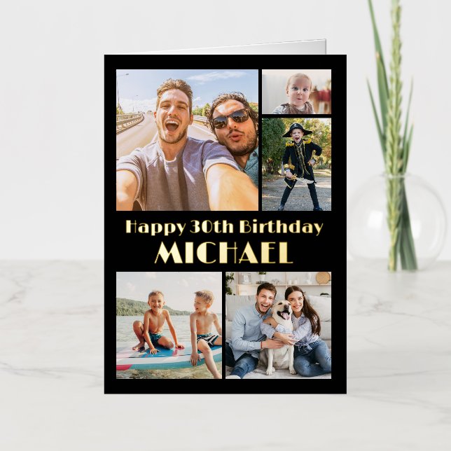 ANY Year Happy Birthday 5 Photo Collage Black Foil Greeting Card (Front)