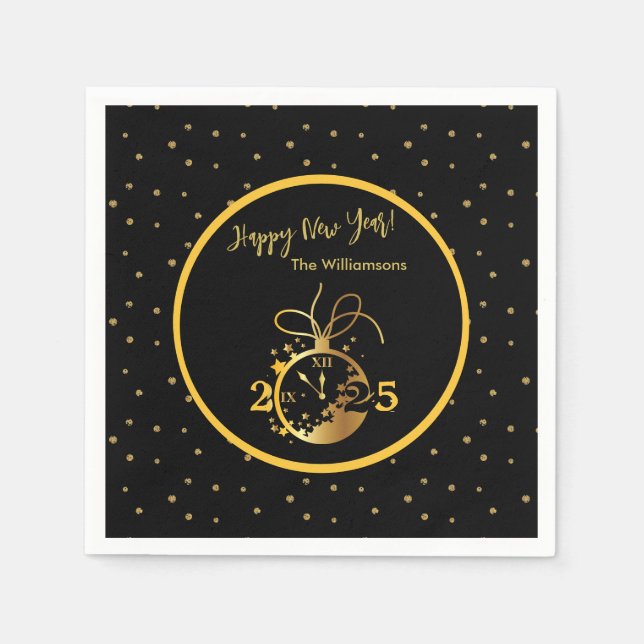 Any Year Happy New Year's Black Gold Clock  Napkin (Front)
