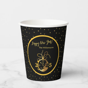 Any Year Happy New Year's Black Gold Clock  Paper Cups