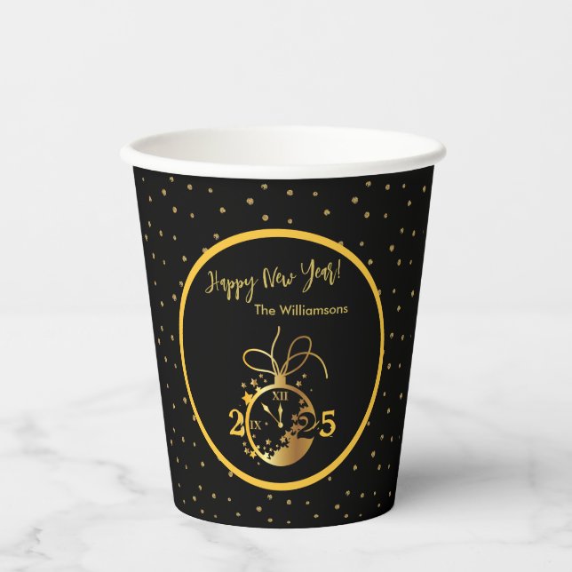 Any Year Happy New Year's Black Gold Clock  Paper Cups (Front)