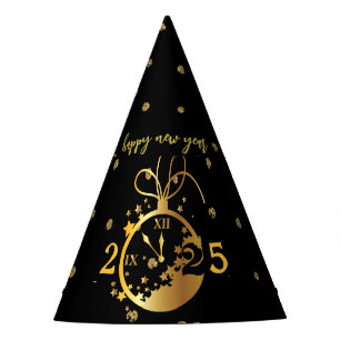 Any Year Happy New Year's Black Gold Clock  Party Hat