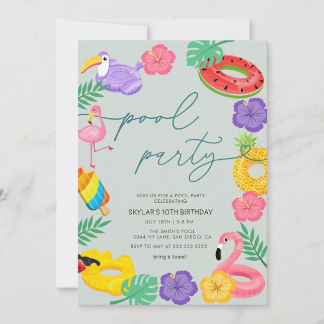Any Year Modern Tropical Pool Party Birthday  Invitation (Front)