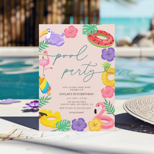 Any Year Modern Tropical Pool Party Birthday  Invitation