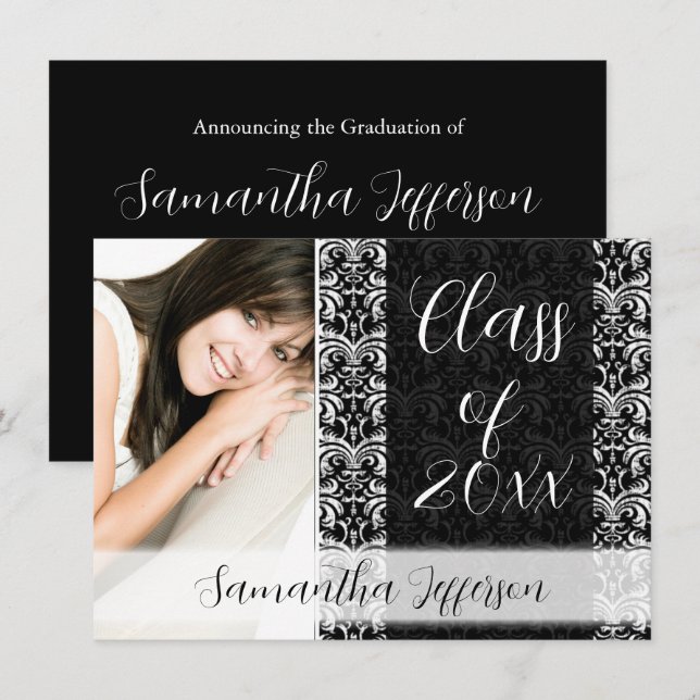 Any Year Photo Graduation Announcement, Chic Black Invitation (Front/Back)