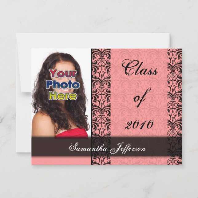 Any Year~ Pink and Black Damask Graduation Invitation (Front)