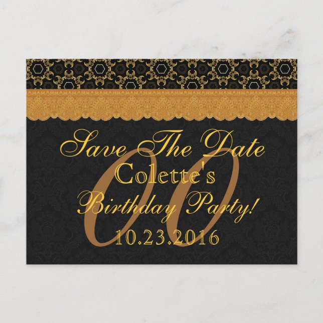 Any Year Save the Date Birthday Gold Black Lace 08 Announcement Postcard (Front)