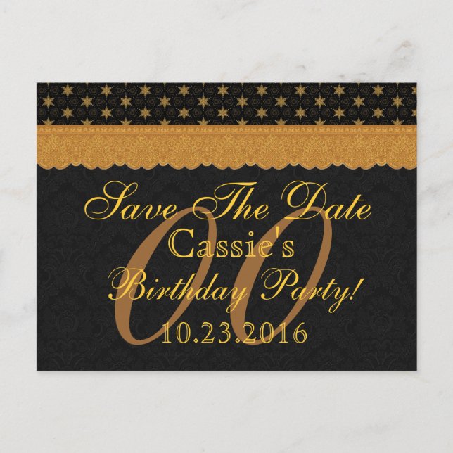 Any Year Save the Date Birthday Gold Black Lace 12 Announcement Postcard (Front)