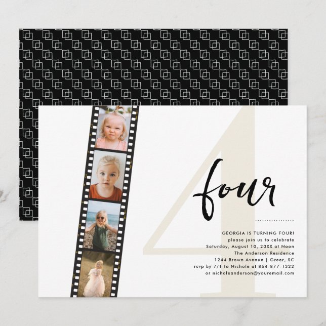 Any Year | Simple 4 Filmstrip Photo Birthday Party Invitation (Front/Back)