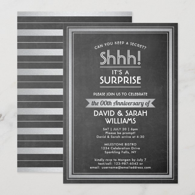 ANY YEAR Surprise Anniversary Chalkboard & Silver Invitation (Front/Back)