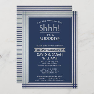 ANY YEAR Surprise Anniversary Navy Blue and Silver Invitation