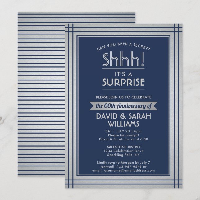 ANY YEAR Surprise Anniversary Navy Blue and Silver Invitation (Front/Back)