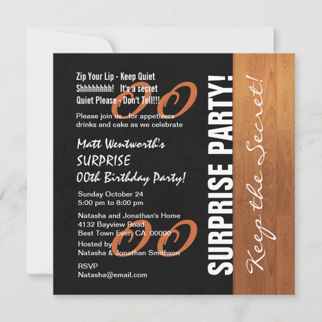 Any Year SURPRISE Birthday Black Gold Wood V02A Invitation (Front)