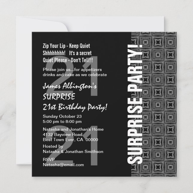 Any Year Surprise Birthday Modern Black White Grey Invitation (Front)