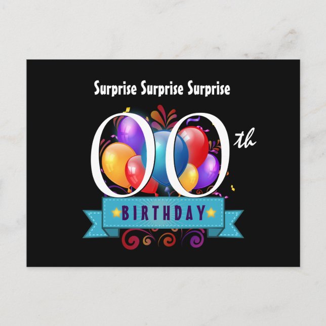 Any Year SURPRISE Birthday Party Balloons B0Z Invitation Postcard (Front)