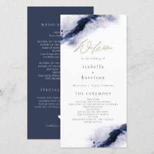 ANYA Navy Blue Watercolor Gold Wedding Program Thank You Card