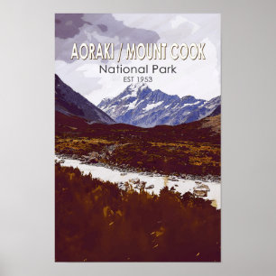 Aoraki Mount Cook National Park New Zealand Retro Poster
