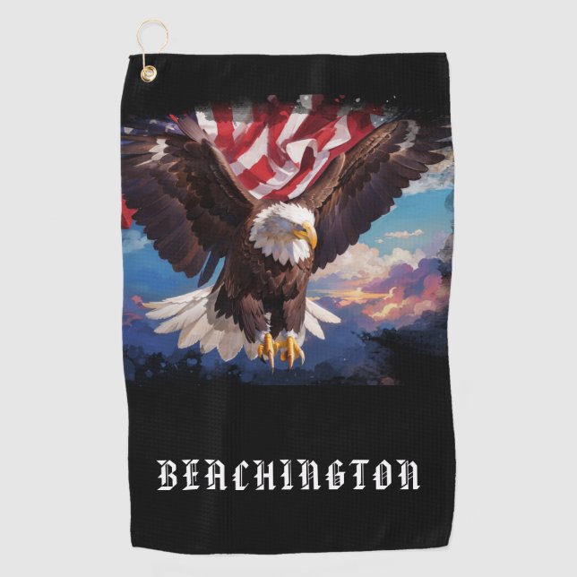 *~* AP16 - American Flag USA Bald EAGLE Golf Towel (Front)