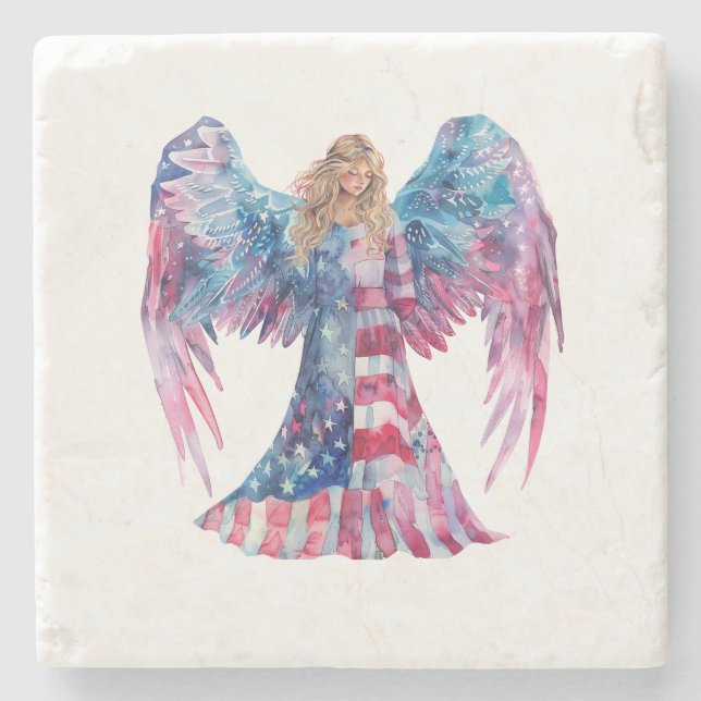 ^~* AP16 Patriotic Flag Angel Red White Blue Stone Coaster (Front)
