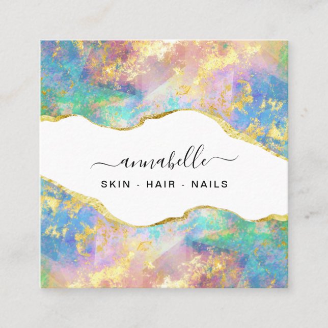 *~* AP26 OPAL Rainbow QR  Gold Glitter Ethereal  Square Business Card (Front)
