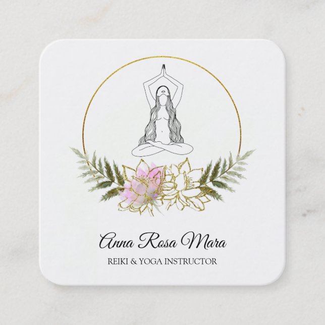 *~*  AP32 Gold Pink Lotus Yoga  Woman Energy   Square Business Card (Front)