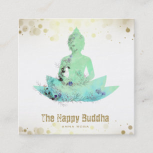 *~* AP33 Buddha QR Botanical Lotus Aqua Square Business Card