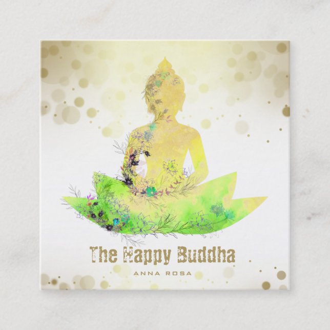 *~* AP33 QR Buddha Lotus Floral Botanical Square Business Card (Front)
