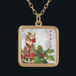 *~* AP40 Berry Vintage Retro St Nick Holly PEACE  Gold Plated Necklace<br><div class="desc">(search AP44 and also AP40 for similar items ) Dark Skin Saint Nicholas Bearing Gifts with a gold horn announcing his presence. Jewellery With Intention (r) Holly and Red Berries / Berry / and saint Nick Saint Nicholas as Nostalgic Old Fashioned Retro Antique Victorian Vintage Santa Clause and Holly foliage...</div>