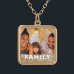 *~* AP42 FAMILY Photo Picture Gold Glitter  Gold Plated Necklace<br><div class="desc">SQUARE GOLD NECKLACE - GLITTER and White Block Letters (search id AP42 for similar designs on various products ) * Energetically Enhanced remembrance Keepsake memories memory family. Upload your family picture. Right now the text reads "FAMILY" A text area is available. Personalise Customise the font colour , font size actual...</div>