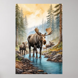 *~* AP49 MOOSE Herd Stream Nature Forest Poster
