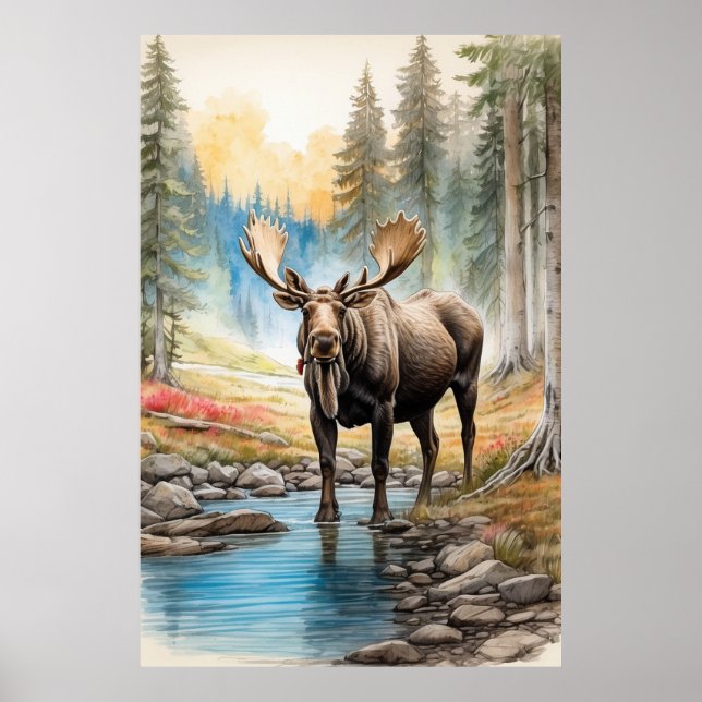 *~* AP49 MOOSE Rocks Stream Forest Nature  Poster (Front)