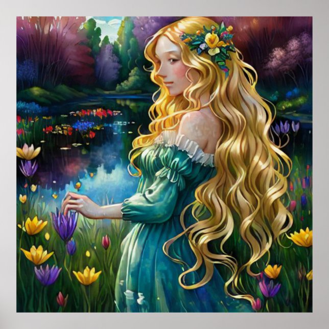 *~  AP56 Art Blonde Woman Waterfall Pond Flowers  Poster (Front)