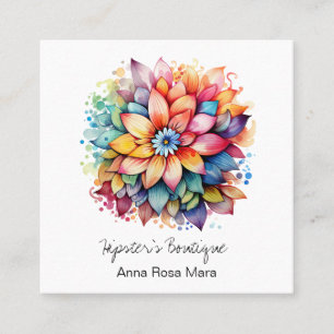 *~* AP57 Boho QR Bold Retro 60's Flower Bouquet Square Business Card