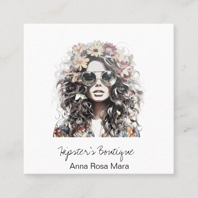 *~* AP57  Boho QR Floral Wild Hippie Girl  Square Business Card (Front)