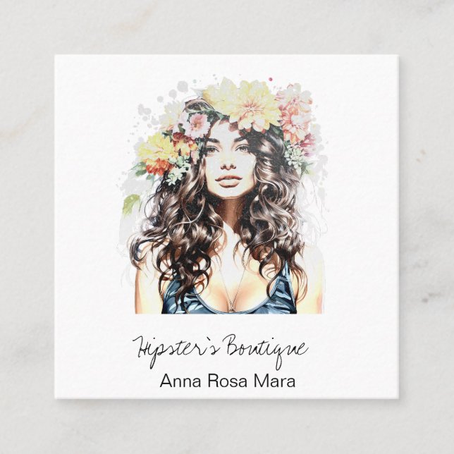 *~* AP57  Boho QR Floral Wild Hippie Woman Square Business Card (Front)