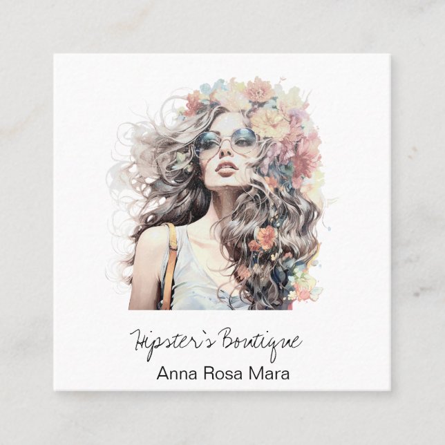 *~* AP57 Boho QR Flowers Hair Blone Hippie Girl  Square Business Card (Front)