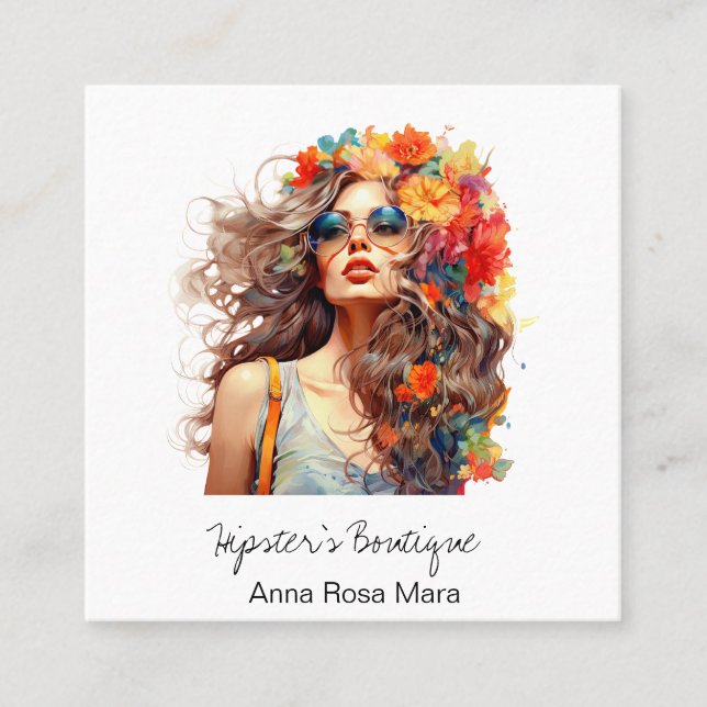 *~* AP57 Boho QR Flowers Hair Bold Hippie Girl  Square Business Card (Front)