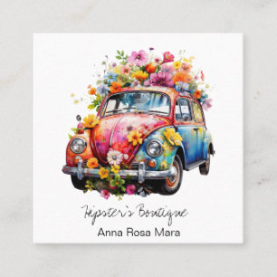 *~* AP57 Boho QR Retro Vintage Flowers Vehicle Square Business Card