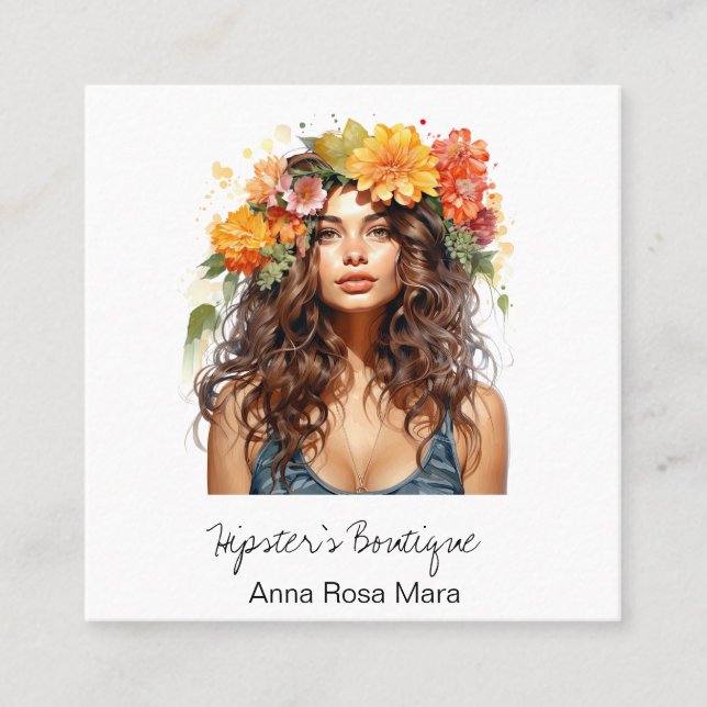 *~* AP57 QR Orange Boho Flowers Hair Hippie Lady Square Business Card (Front)