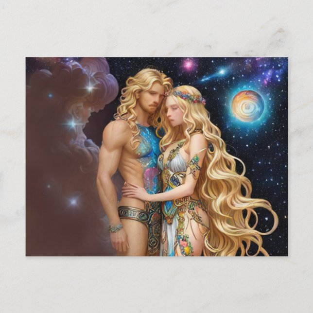*~* AP58 Cosmic Couple Fantasy Romantic Galaxy Holiday Postcard (Front)